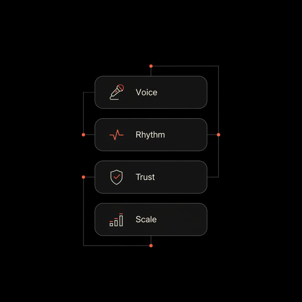 How to recover deleted Gmail email? Full-frame vector infographic: four stacked cards labeled Voice, Rhythm, Trust, Scale on black background using brand colors.