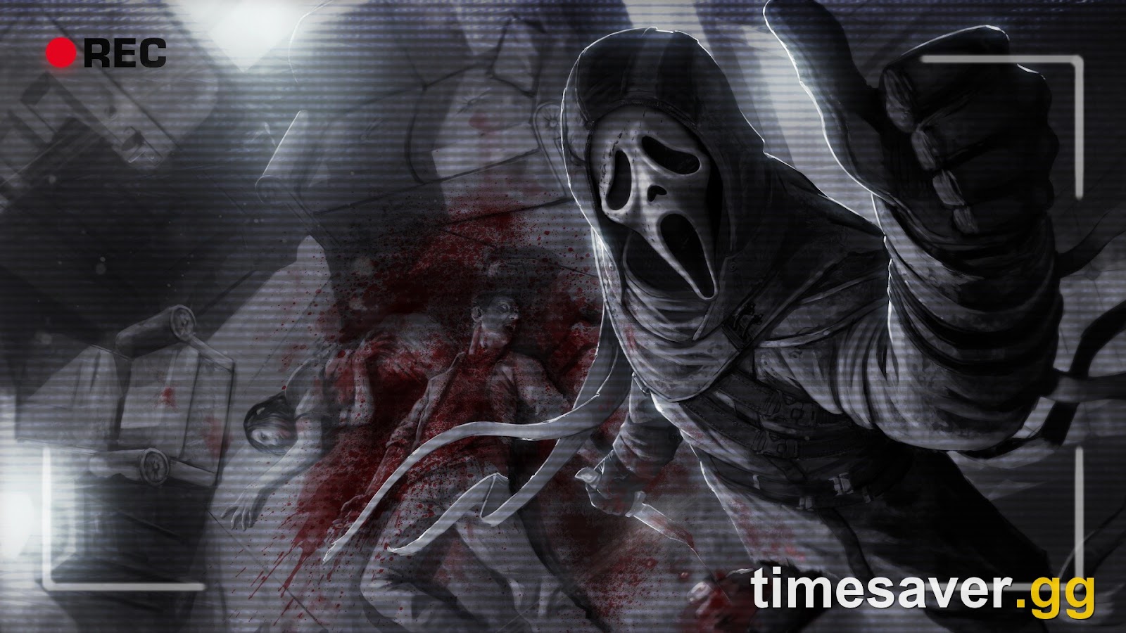 Stylised Dead by Daylight Ghost Face art framed as camcorder footage with a REC indicator, the Killer lunging at survivors