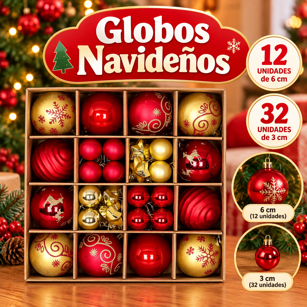 Set de 44 bolas navideñas rojas y doradas (6 cm y 3 cm)