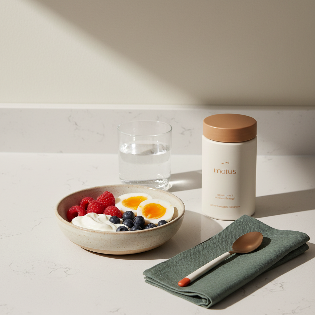 Minimalist kitchen scene with Tonum Motus supplement beside a bowl of eggs, Greek yogurt and berries on a light counter to illustrate ways to speed up metabolism.