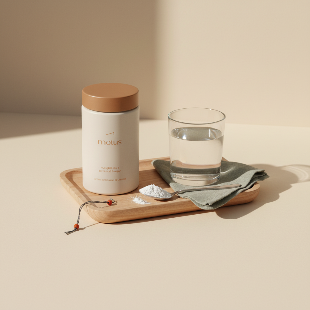Minimal lifestyle photo of Tonum fiber supplements jar with a glass of water and a spoonful of soluble fiber on a wooden tray, clean clinical-home scene.
