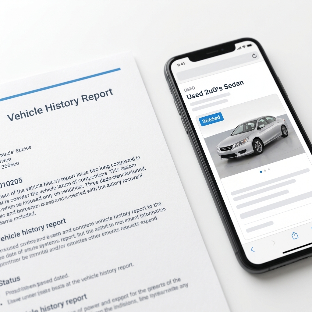 Close up of a printed vehicle history report beside a smartphone showing a dealership listing on a white background for cheap cars near me search