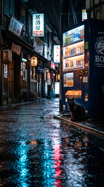 Black Cat by Vending Machine in Midnight Rain - Free mobile Wallpaper