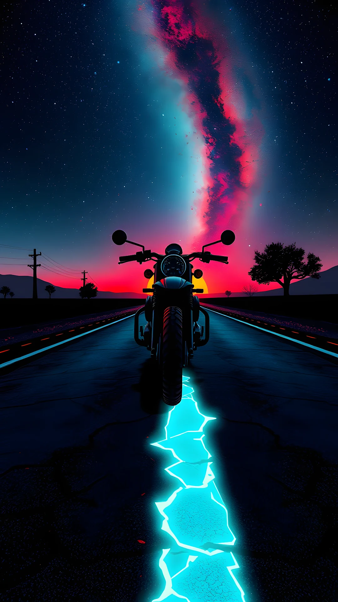 Neon Motorcycle Ride Under Vibrant Cosmic Sunset Sky - Free 4K mobile Wallpaper