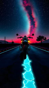 Neon Motorcycle Ride Under Vibrant Cosmic Sunset Sky