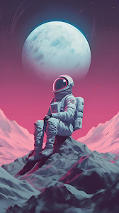 Solitary Astronaut Resting on Alien Planet under Giant Moon