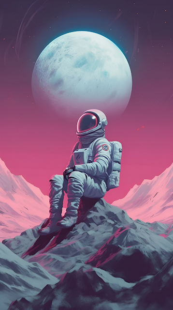 Solitary Astronaut Resting on Alien Planet under Giant Moon - Free mobile Wallpaper