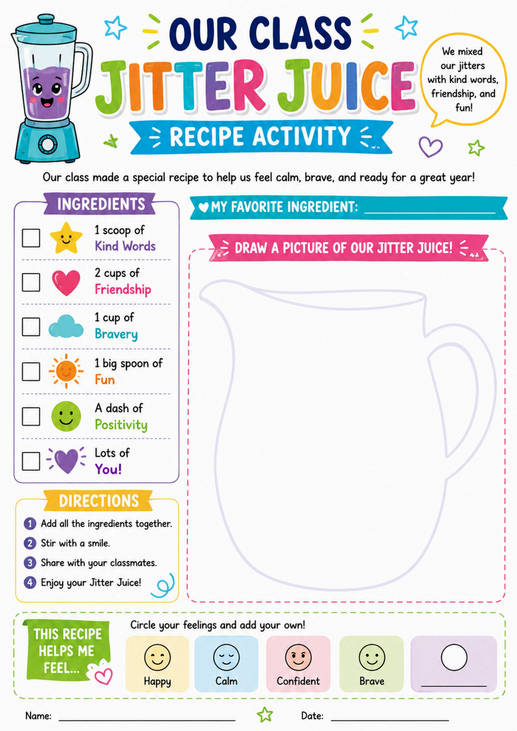 Our Class Jitter Juice Recipe Activity
