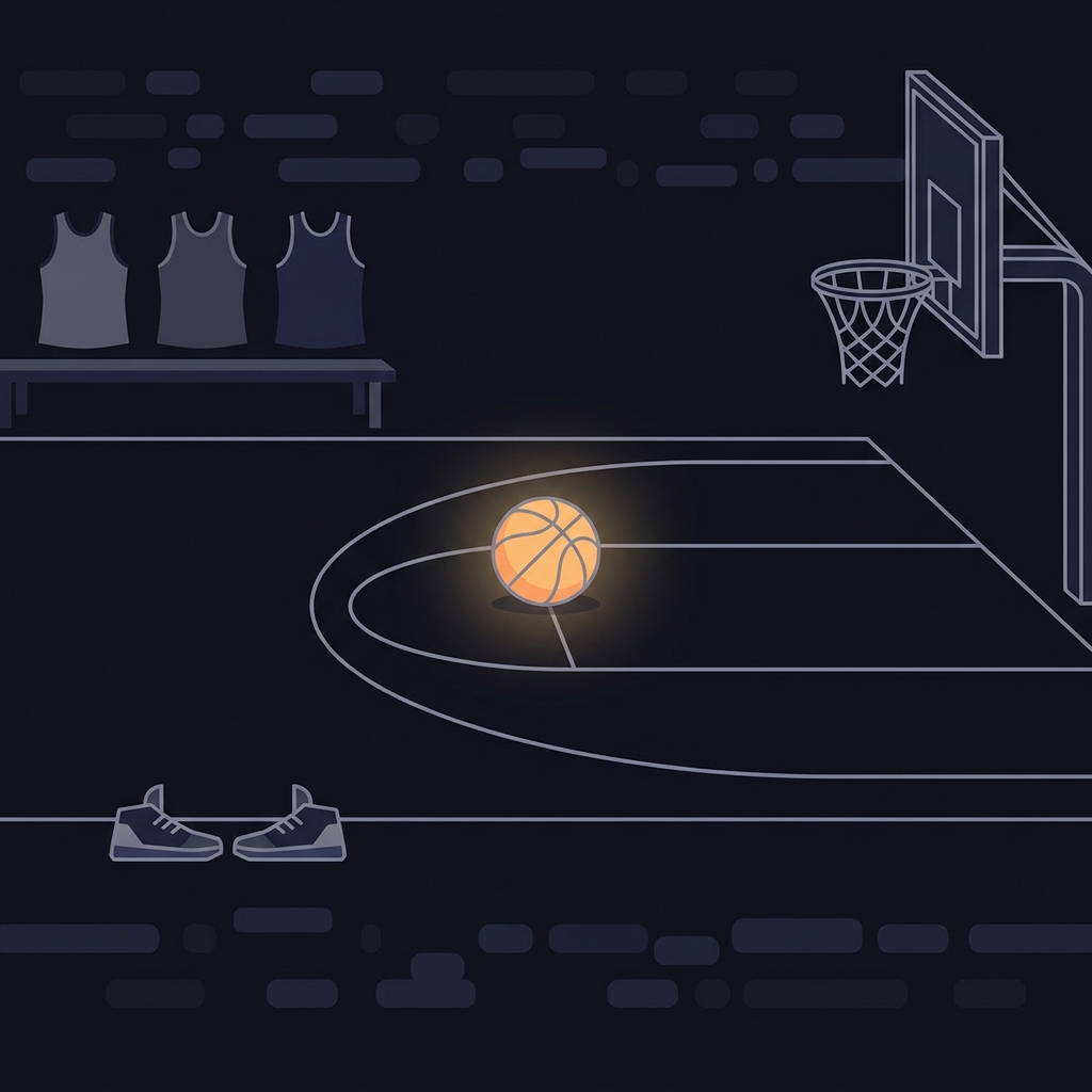 Minimalist 2D vector late game basketball scene showing a basketball at the three point line with empty jerseys on a bench implying teammates watching bulls prediction