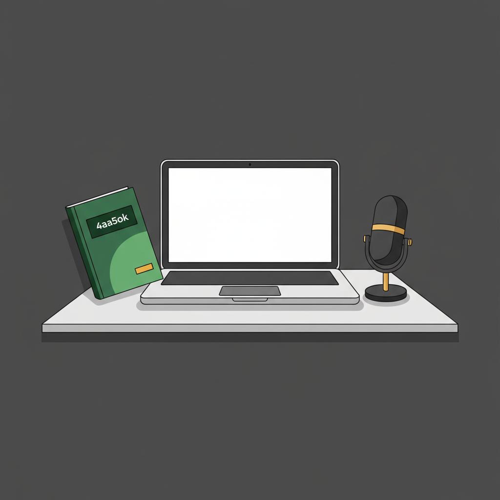 Minimal 2D vector creator workspace with laptop microphone and ebook mockup representing generate passive income using Finance Police color palette