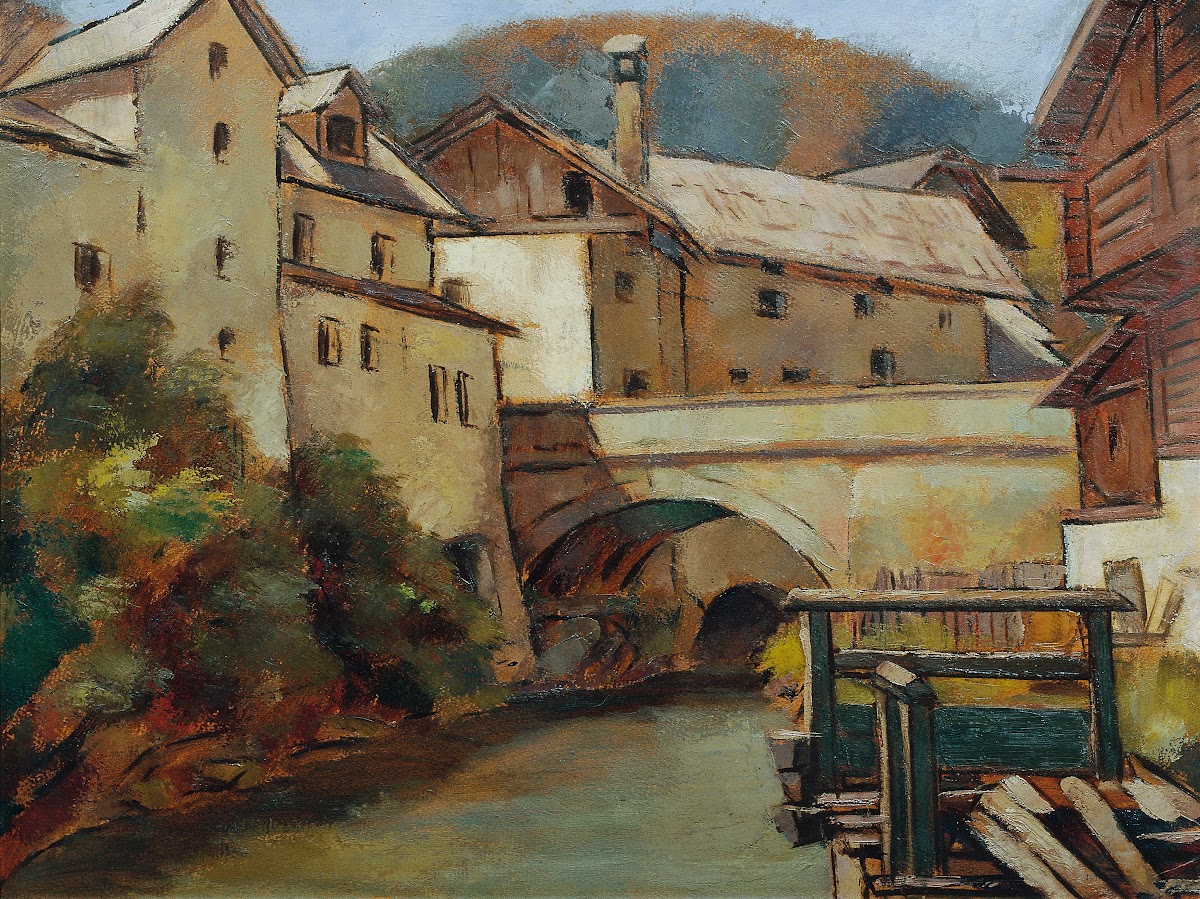 Ansicht Einer Stadt Mit Fluss Und Brücke 1940