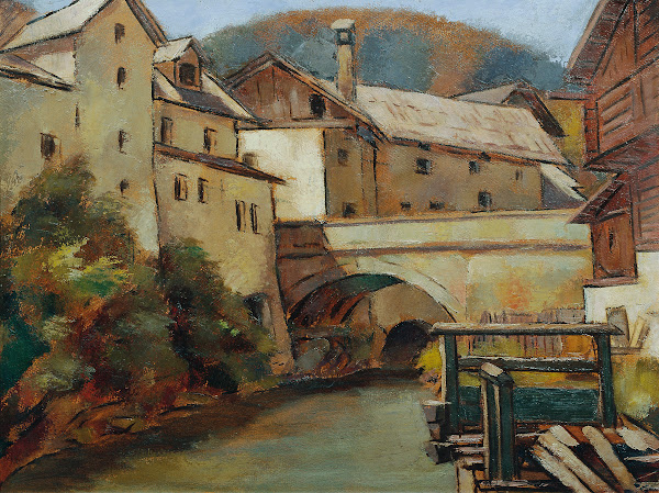 Ansicht Einer Stadt Mit Fluss Und Brücke 1940