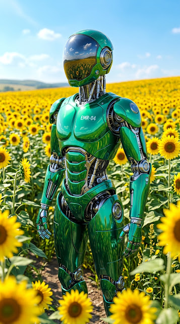 Futuristic Emerald Robot with Sunflowers and Morning Sky - Free mobile Wallpaper