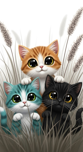Adorable Three Kittens Big Eyes Tall Grasses Illustration - Free mobile Wallpaper