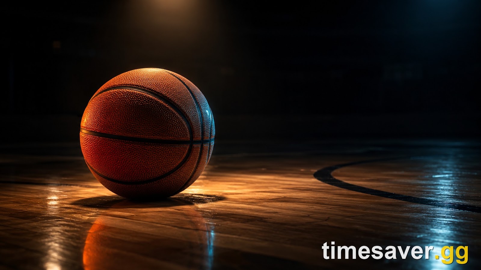 A basketball resting on a polished hardwood court under a single spotlight
