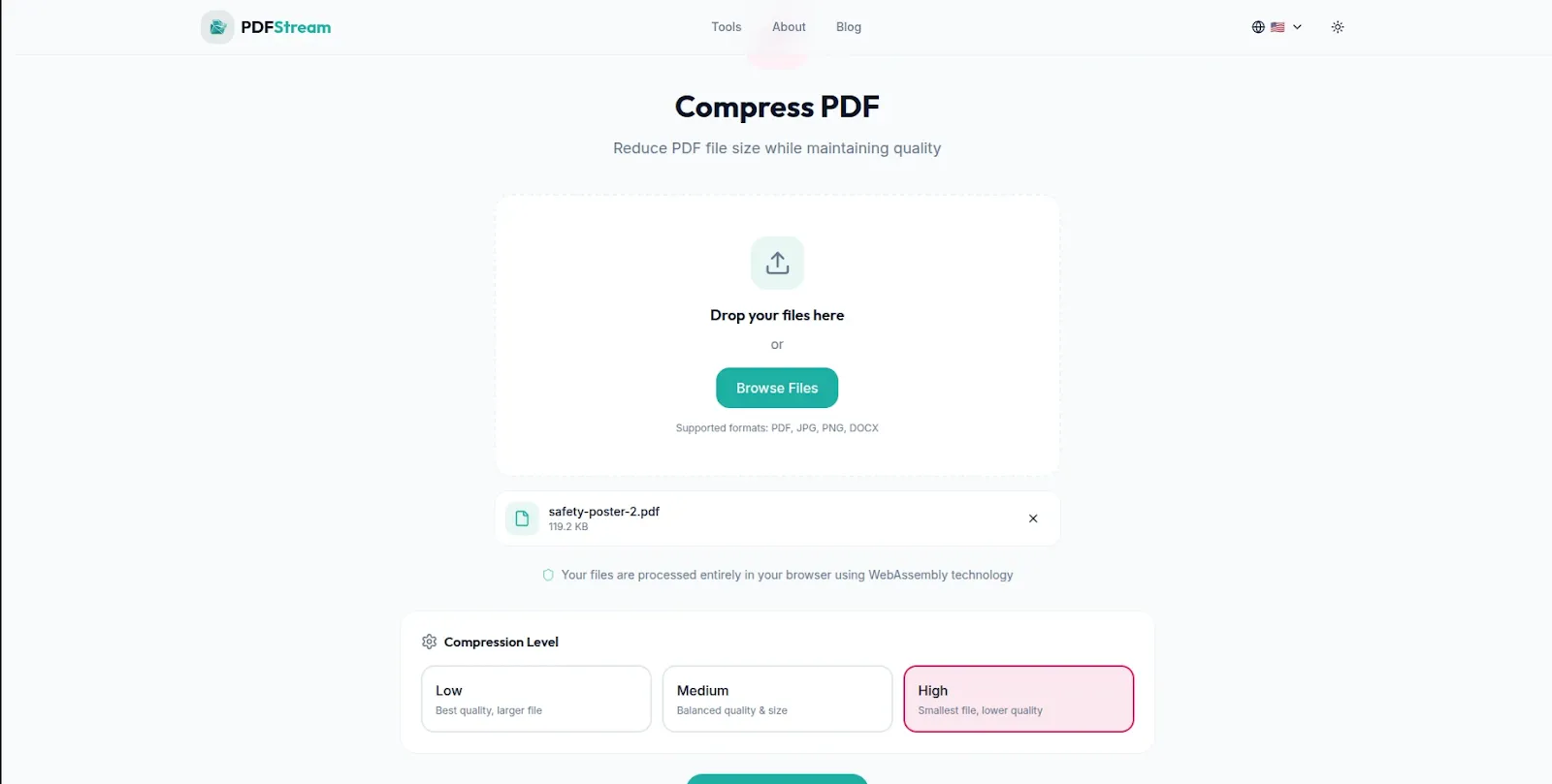 Compress PDF file free - PDFStream browser based PDF compressor no upload