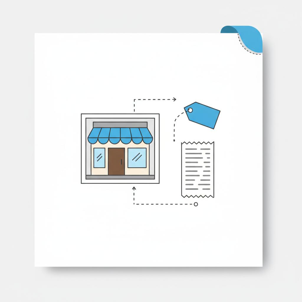 Minimal 2D vector of printed business materials &mdash; storefront photo print, blurred receipt, and blank local tag arranged on a white page for a Google business profile article.