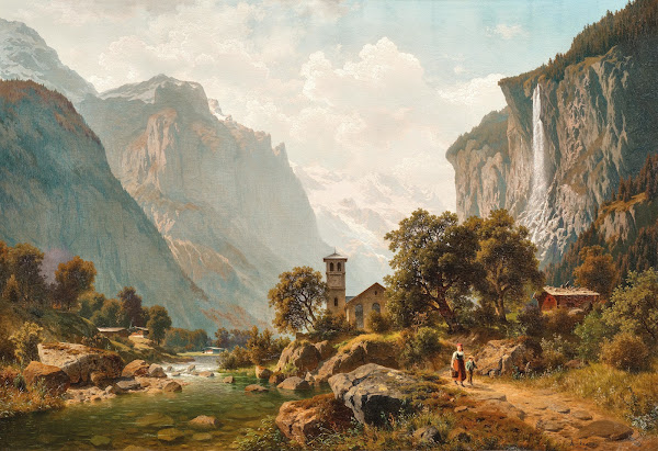 A view of Lauterbrunnen and Staubbach Falls Switzerland