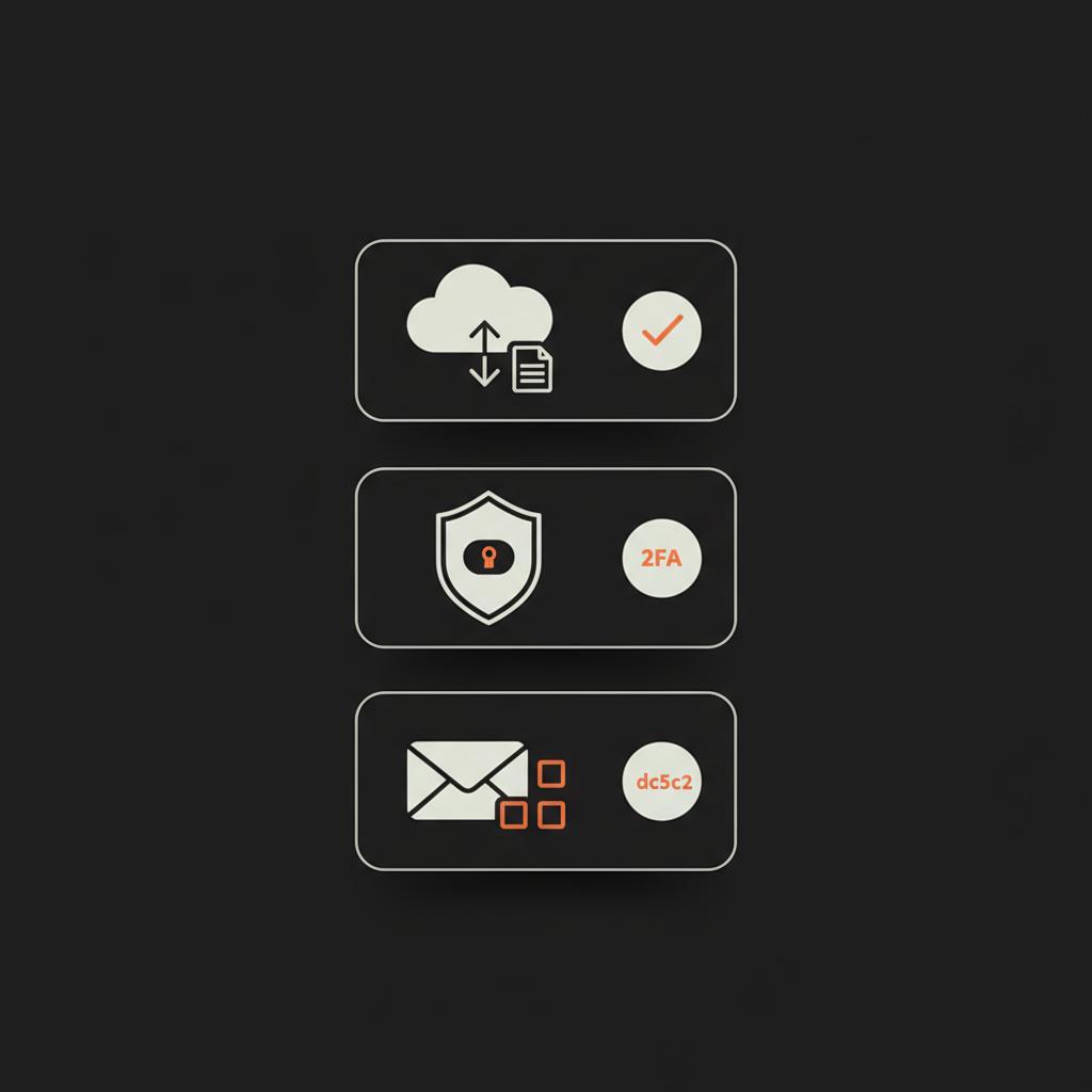 Minimal vector checklist with backup, 2FA shield, and email confirmation icons for change YouTube channel owner steps