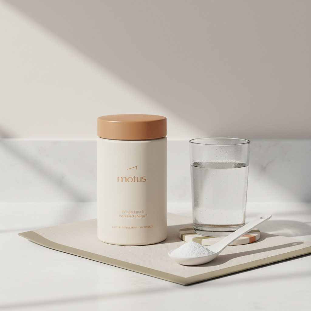 Minimalist kitchen counter with Tonum Motus supplement jar, glass of water, porcelain spoon with powder and folded napkin illustrating glucomannan dosage and hydration