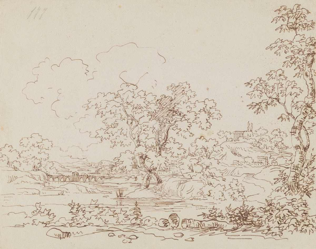 Landscape with a River Stone Bridge and a Classical Building on a Hill 1850   18