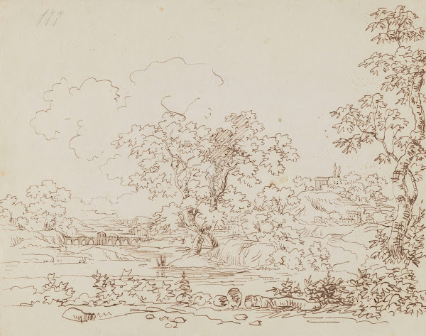Landscape with a River Stone Bridge and a Classical Building on a Hill 1850   18