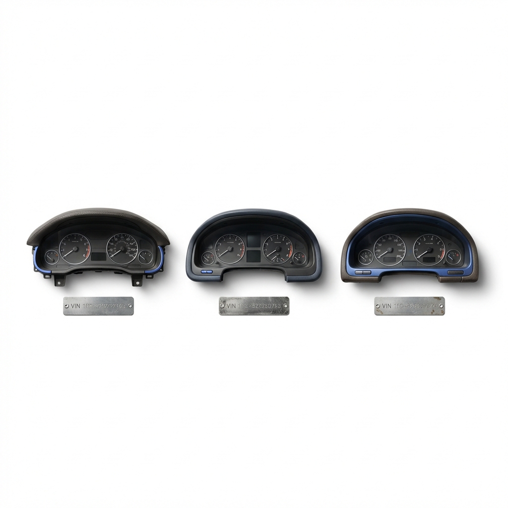Three used car dashboards and VIN plates on a clean white background with small blue accents conveying used car values for CarFax Deals