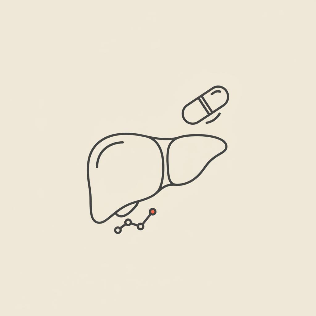 Minimal Tonum-style vector line illustration of a liver with a capsule and a small enzyme chart on beige background, representing berberine and liver enzymes.