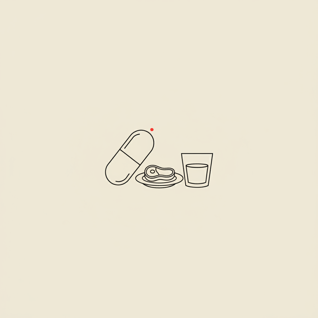 Minimalist Tonum-style line illustration of a capsule, plate with small steak icon and a water glass on beige background, representing conjugated linoleic acid.
