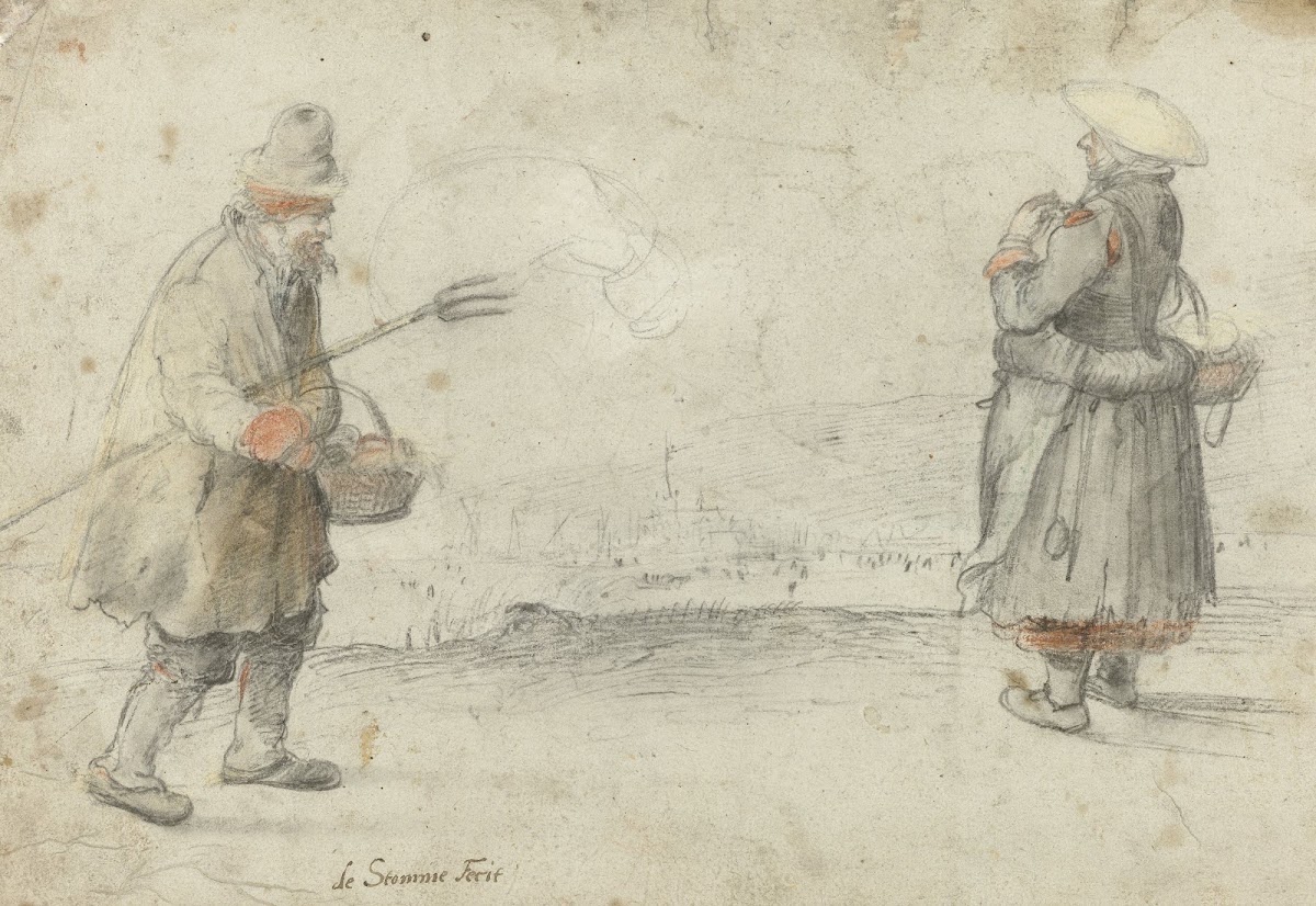 Studies of a Man and a Woman Standing on the Bank of a Frozen River with a Town