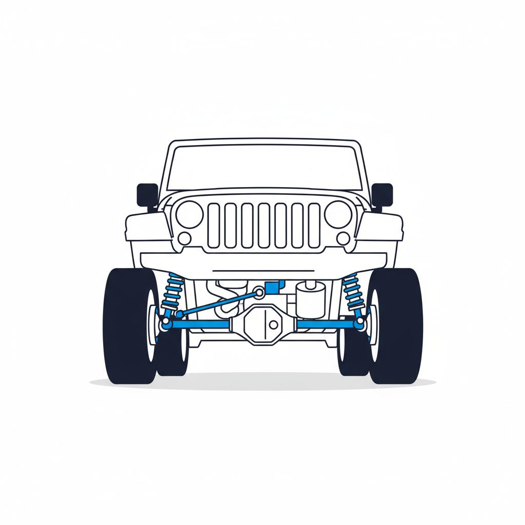 Minimalist 2D vector illustration of a Jeep undercarriage focusing on suspension and transmission with blue accents on white background jeeps for sale