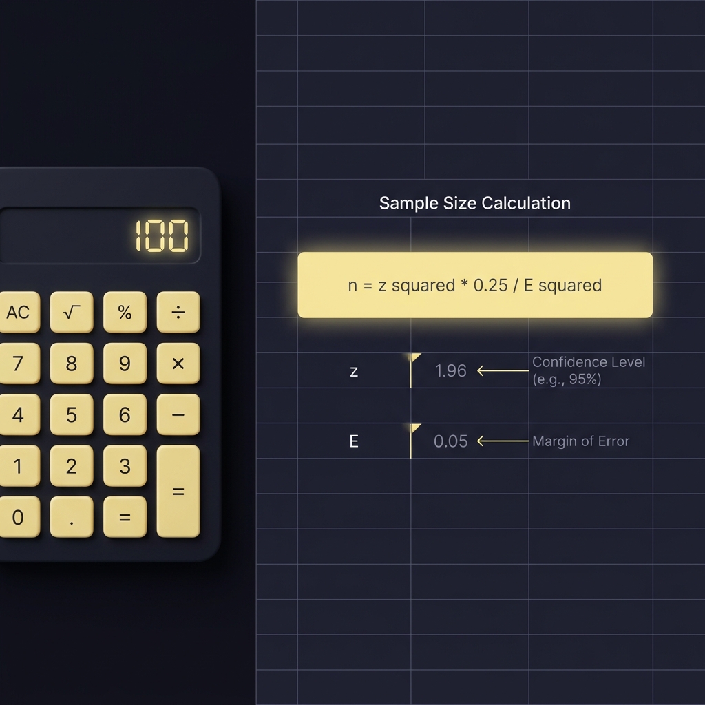 Minimalist full frame calculator and spreadsheet showing n equals z squared times 0.25 divided by E squared with annotated z and E fields how many trades should you place during an evaluation