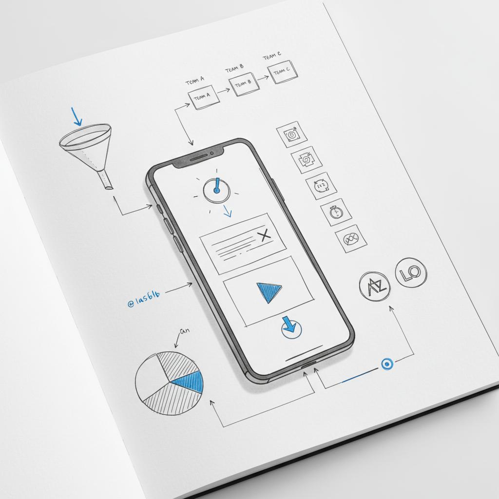 How do companies advertise on Instagram? Close-up sketch of a notebook page showing a phone with a three-frame vertical video storyboard, thumbnail options and annotated arrows in brand colors.