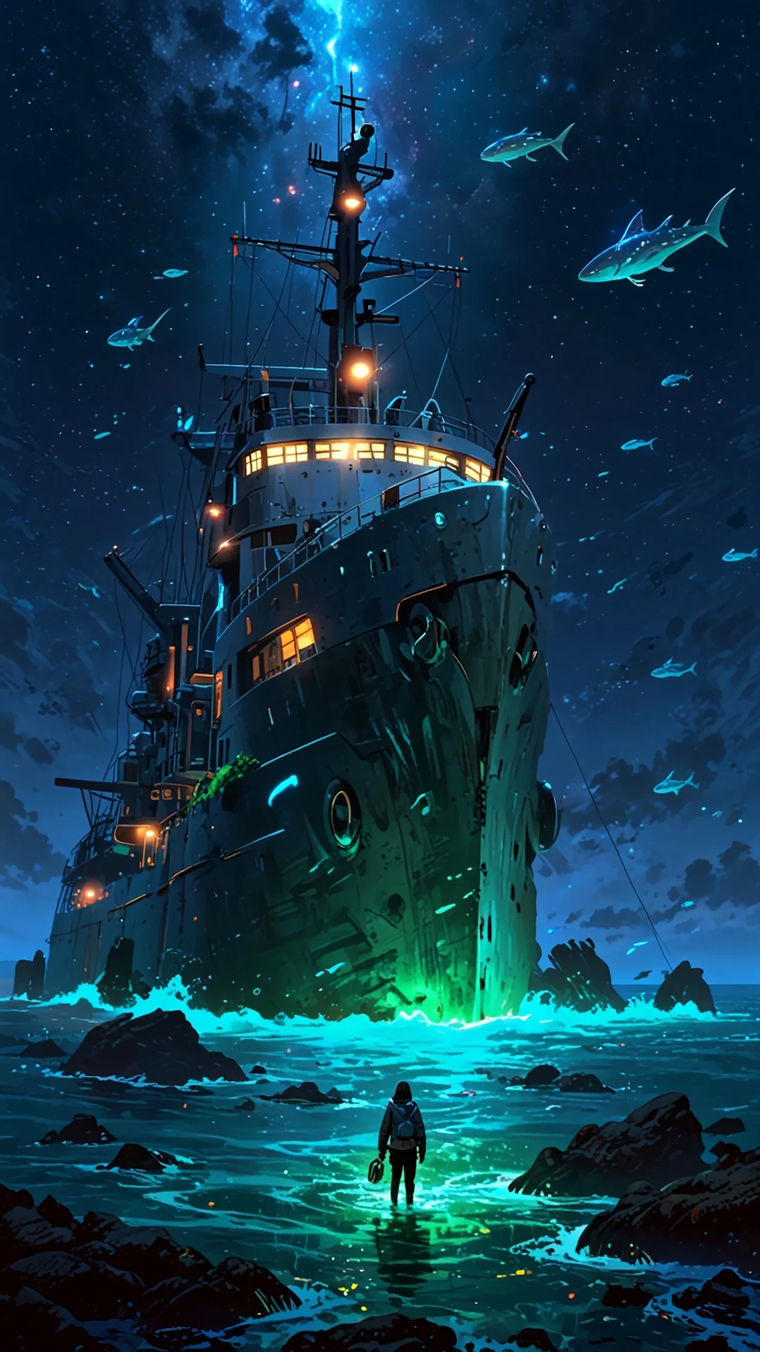 Cosmic Deep Sea Freighter Night Fantasy Art - Free 4K mobile Wallpaper