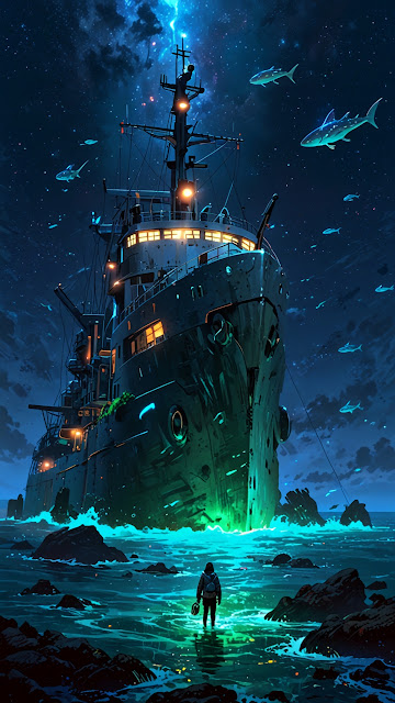 Cosmic Deep Sea Freighter Night Fantasy Art - Free mobile Wallpaper