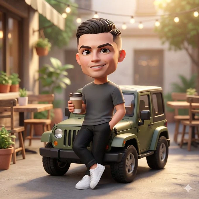 Lindo personaje chibi 3D apoyado en un mini jeep chibi