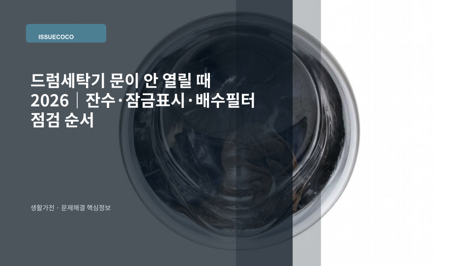 드럼세탁기 문이 열리지 않을 때 잔수와 잠금 상태를 확인하는 대표 이미지