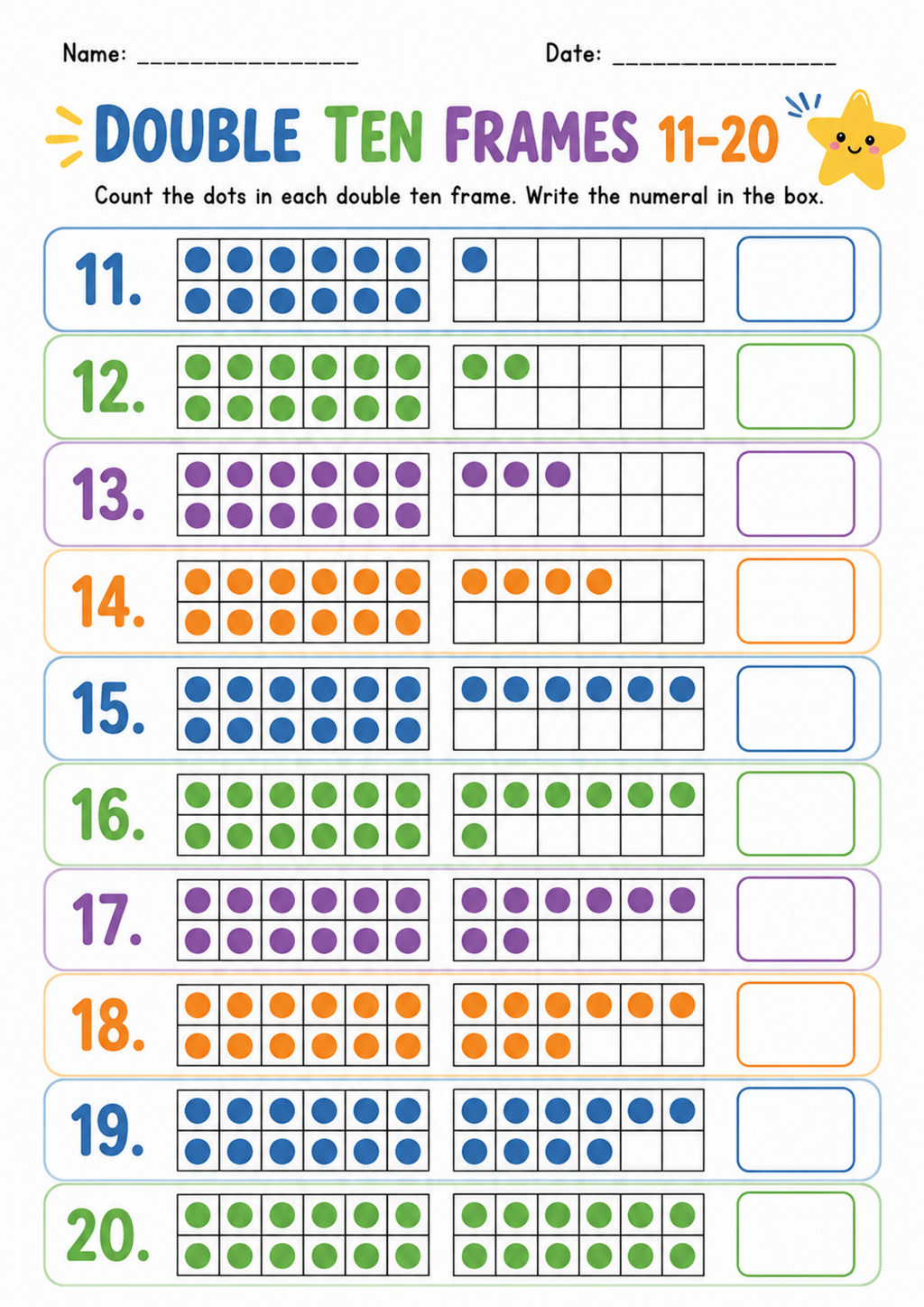 Double Ten Frames 11-20 Worksheet