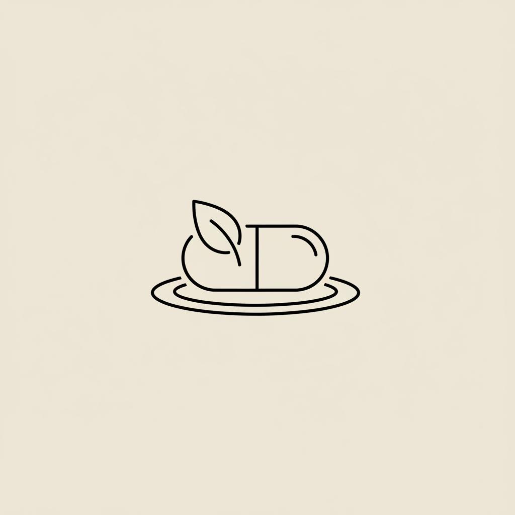 Minimalist Tonum-style line illustration of a capsule, small leaf and plate on beige background representing appetite suppressant drugs concept.