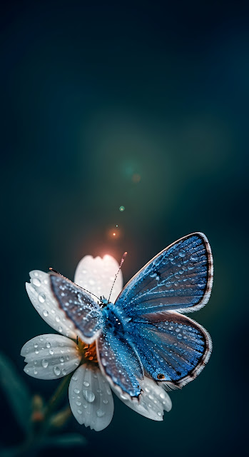 Ethereal Blue Butterfly on Glowing White Flower with Dew - Free mobile Wallpaper