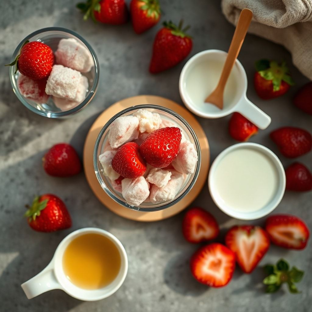 Ingredients for Creamy Strawberries and Cream Cocktail Recipe – 5-Minute Easy Summer Sipper