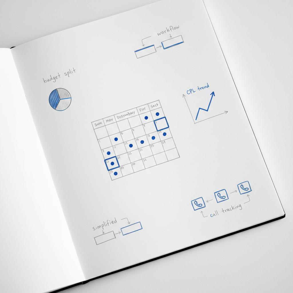 Notebook sketch of a 30-day test plan with calendar marks, CPL trend line and phone icons, minimalist layout to advertise my small business.