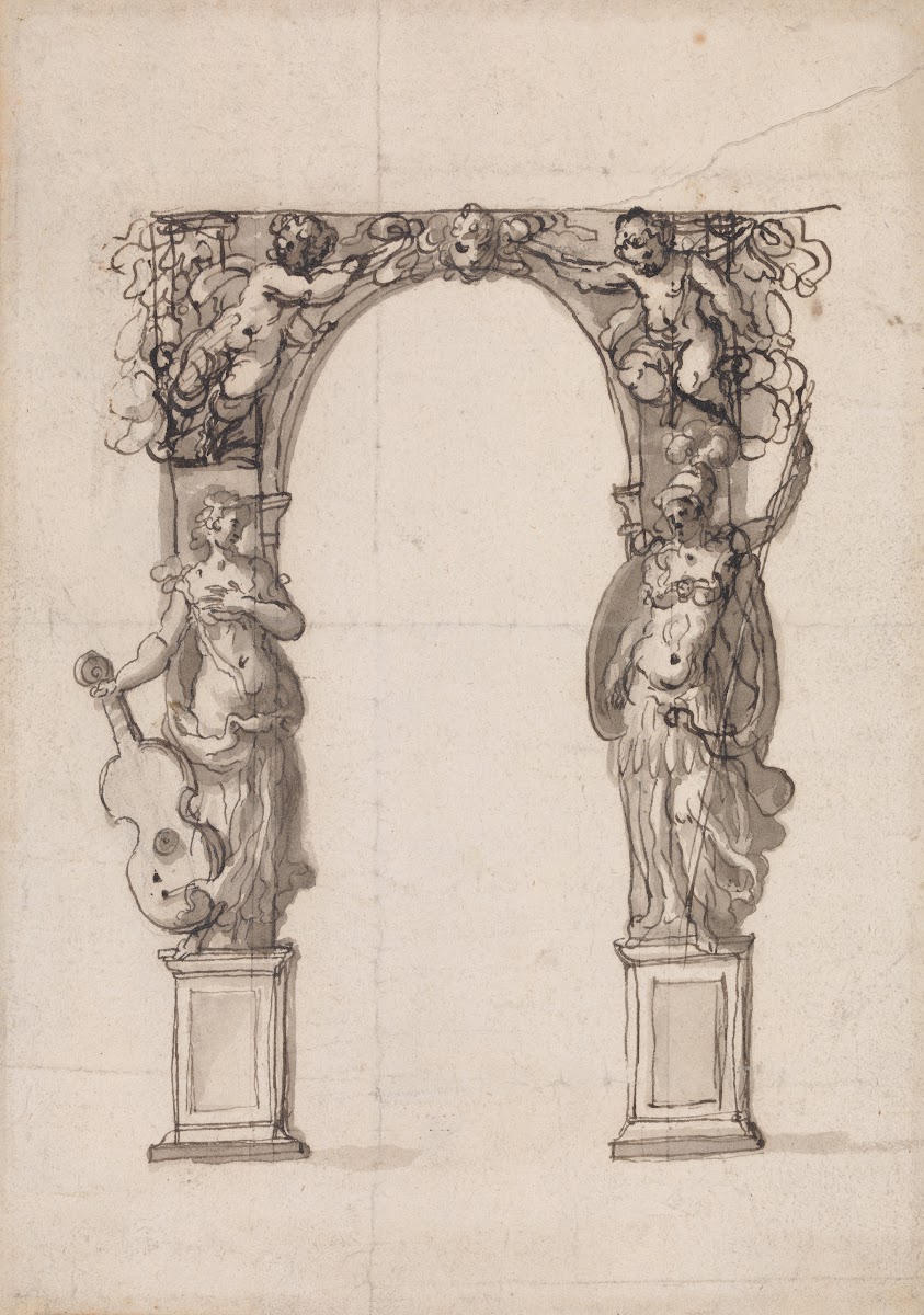 Design for a Temporary Arch Ornamented with Putti and Allegorical Figures of Mus