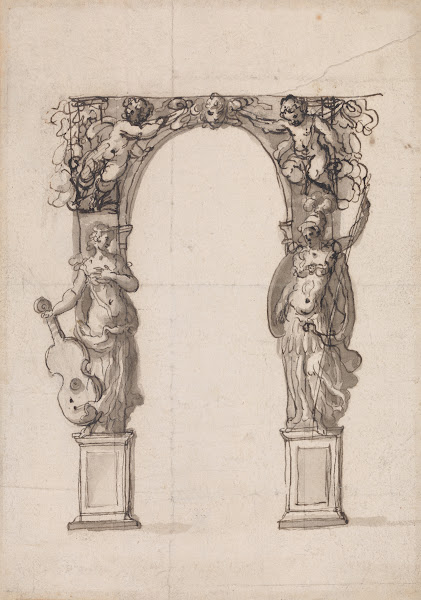 Design for a Temporary Arch Ornamented with Putti and Allegorical Figures of Mus