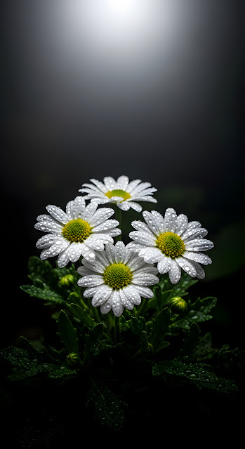 Dramatic Close-up of Three White Daisies and Dewdrops Against a Dark, Moody Background - Free mobile Wallpaper