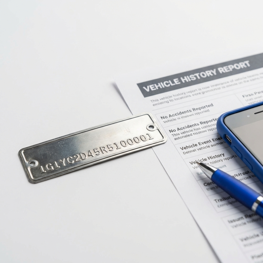 Close up of a VIN plate and a printed vehicle history report beside a pen and smartphone on white background with CarFax Deals blue accents used dodge challenger for sale