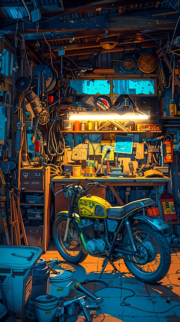 Vintage Motorcycle in Cluttered Neon Lit Workshop Art - Free mobile Wallpaper