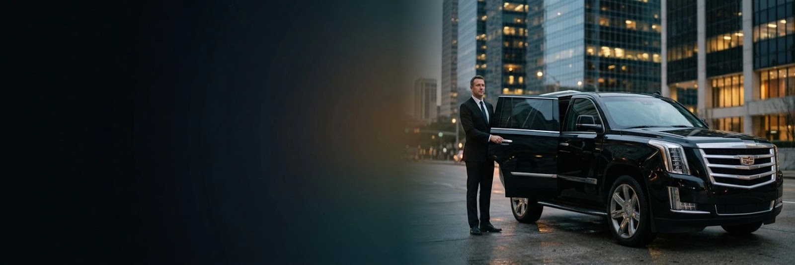 Chauffeur in a suit standing beside a black luxury SUV on a downtown Houston street