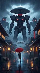 Giant Mecha Robots Invade Rainy Japanese Street Scene