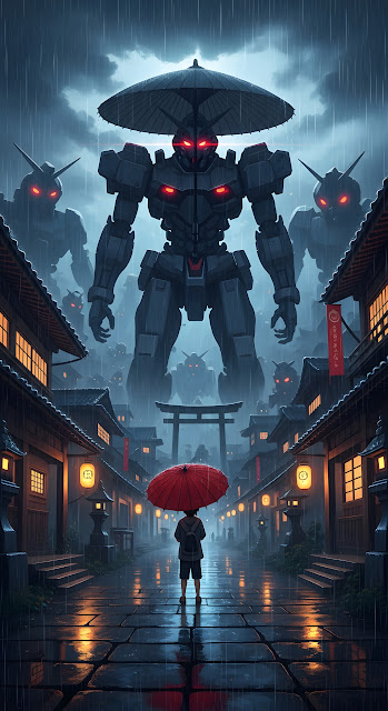 Giant Mecha Robots Invade Rainy Japanese Street Scene - Free mobile Wallpaper